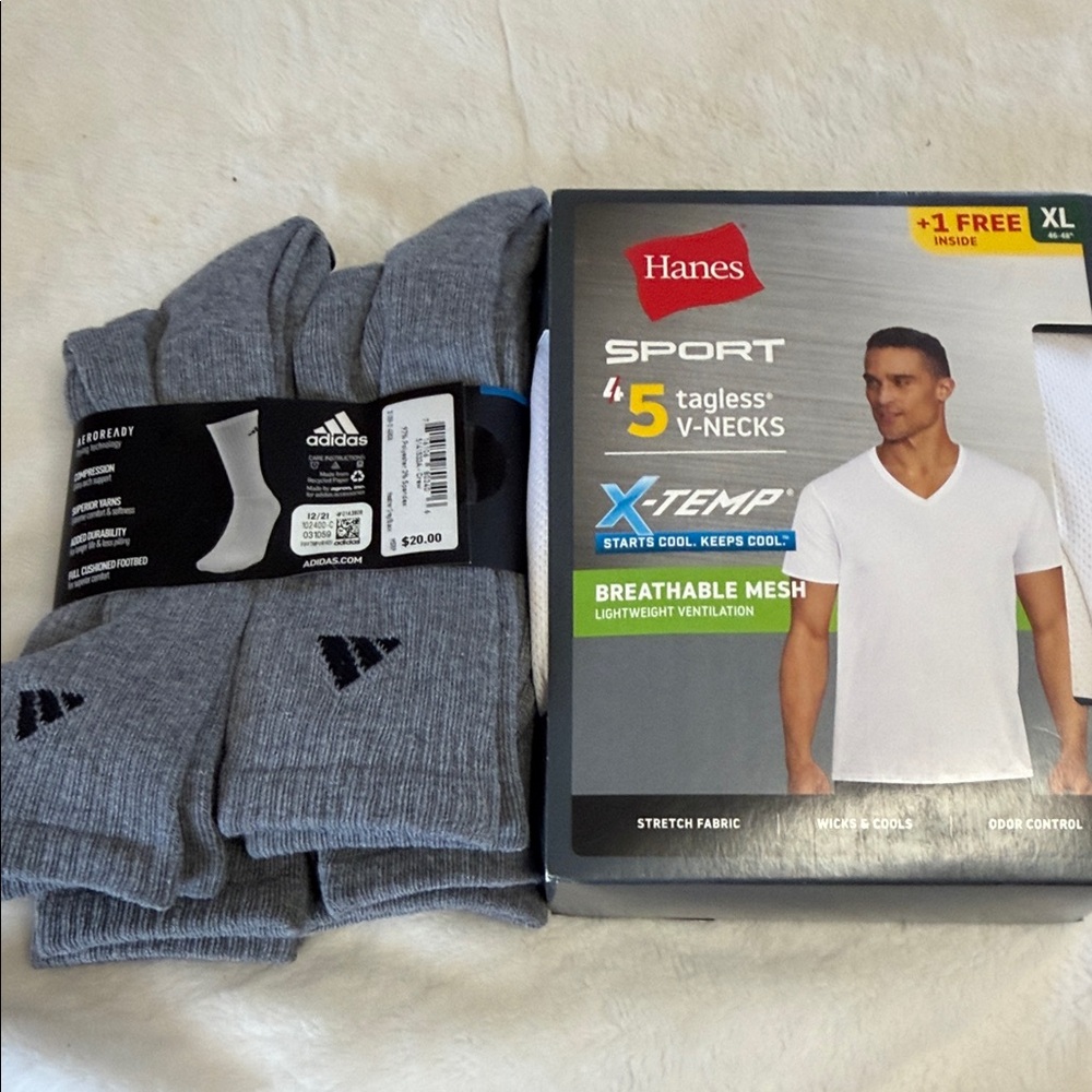 Bundle deal, adidas Gray Crew Socks men’s Haynes breathable V-neck T-shirts